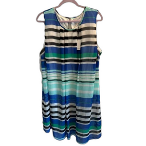 NWT CALVIN KLEIN Sleeveless Sheer Shift Dress 18W Blue Black Green Stripe